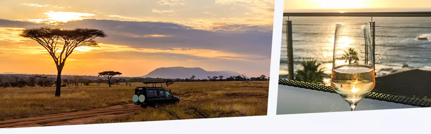 Safari in Südafrika im Sonnenuntergang und ein Glas Wein auf einem Balkon