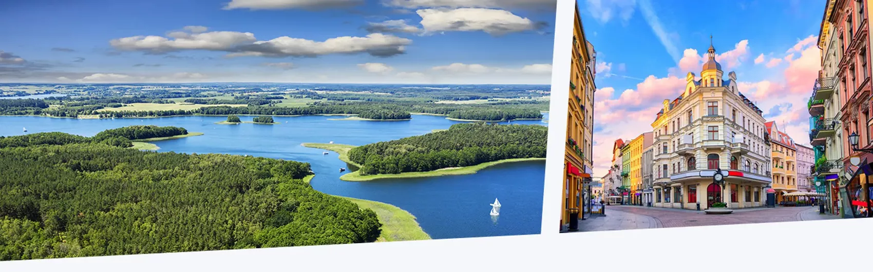 Landschaftsaufnahme der Masuren und daneben ein Bild der polnischen Stadt Torun