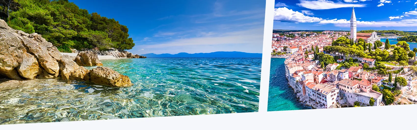 Panorama-Aufnahme einer steinigen Küste in Kroatien und eine kroatische Stadt