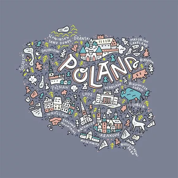 grafische Darstellung der Landesfläche von Polen mit Stadtnamen und Gebäuden